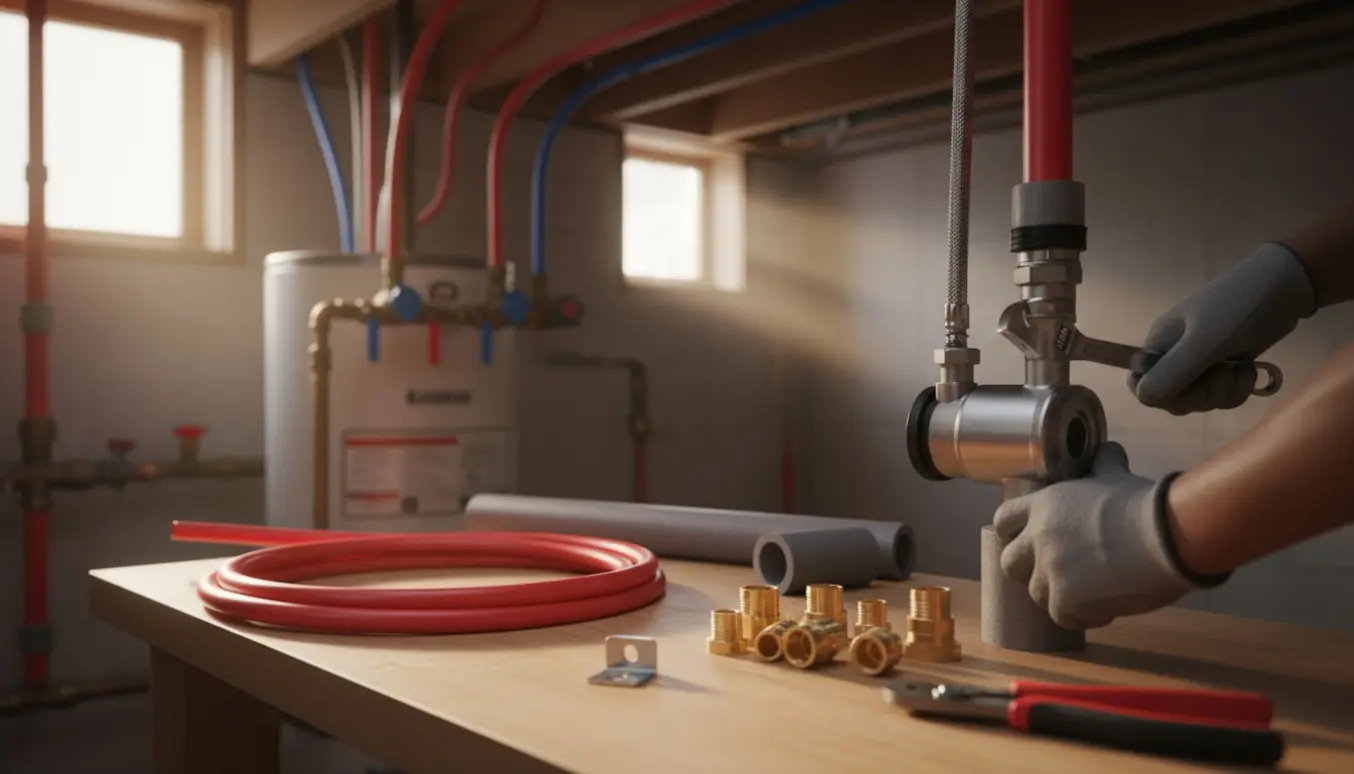 Nærbillede af en cirkulationspumpe ved PEX-rør i et kælderrum, håndværkerens hænder monterer pumpen.