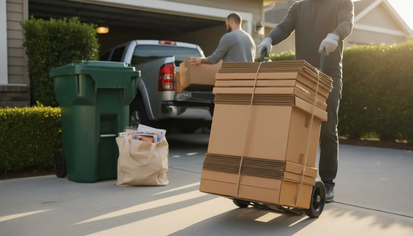 Sammenpakket pap affald på en sækkevogn ved indkørsel ved et parcelhus.