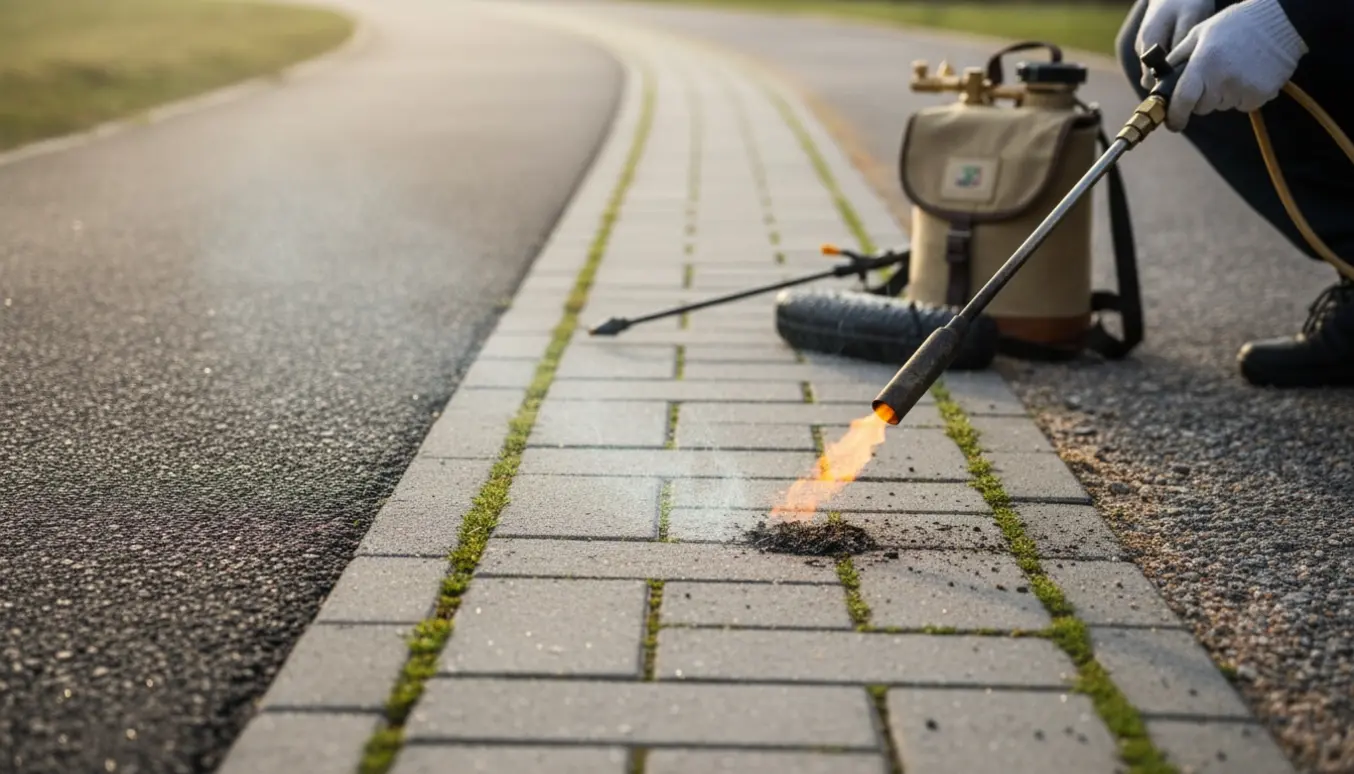 En håndværker brænder ukrudt væk mellem fliser på et fortov med asfalterede kanter.