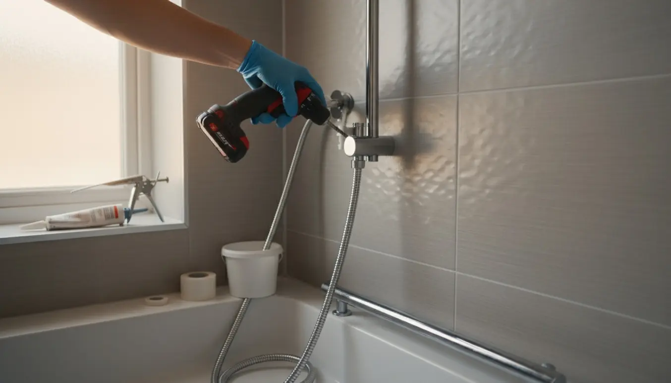 Nærbillede af hænder, der monterer en ny chrome bruser på flisevæg i et lyst badeværelse.