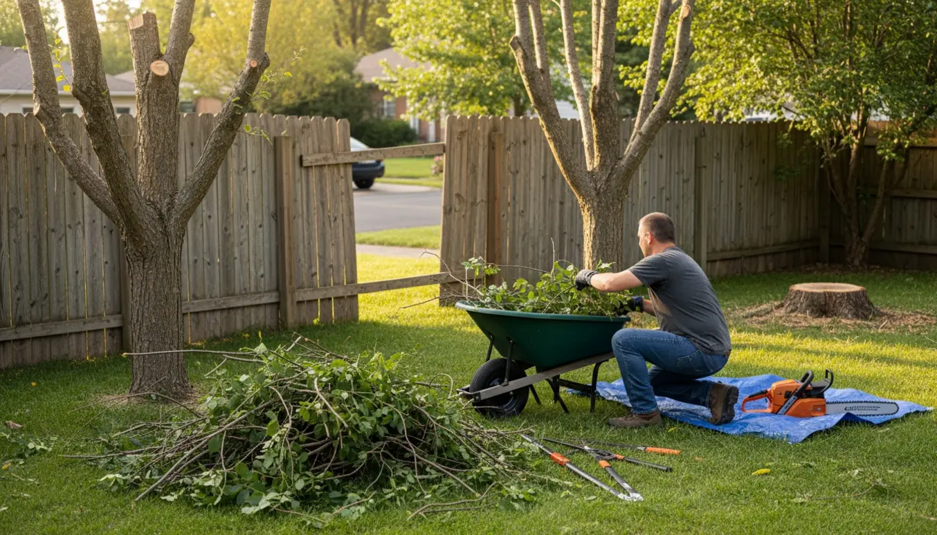 Friske afklippede grene ved en åben indkørsel, klar til fjernelse fra to træer.