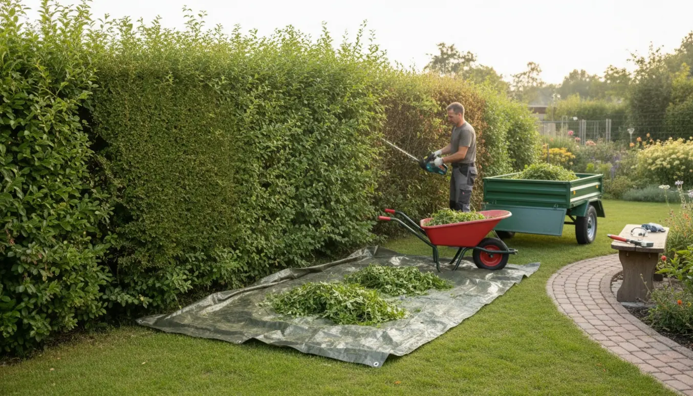 En person trimmer en spirea- og lærkehæk i en baghave, med afklip samlet i trailer og skovl klar til bortkørsel.