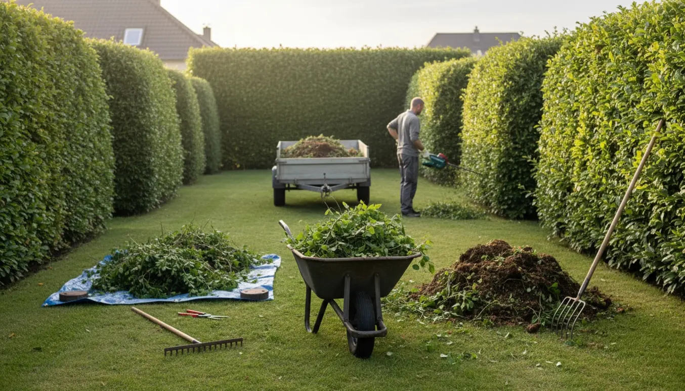 En pæn klippet bøgehæk og liguster med haveaffald i trillebør på vej til en trailer.