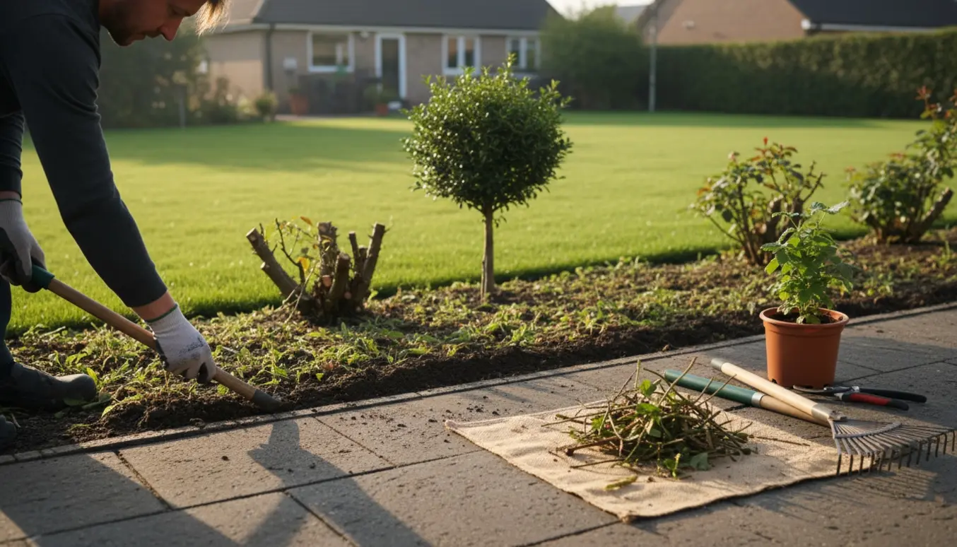 Forårsrengøring i haven med kantklipning langs fliser, beskårne buske og haveværktøj klar.