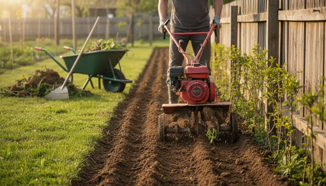 En plænefræser fræser en smal 1 m bred jordsti langs et plankeværk med opgravet jord og ukrudt.