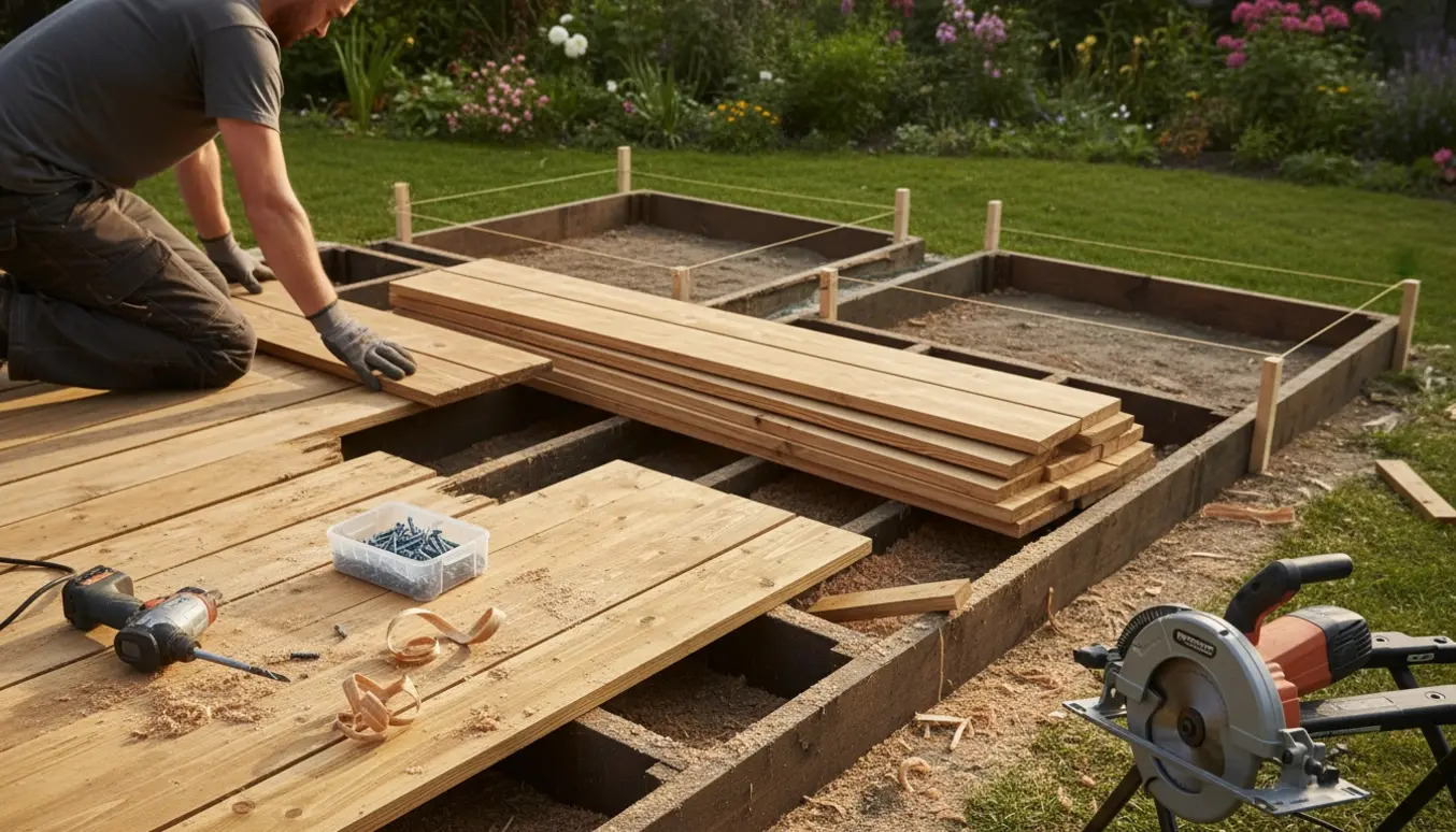 Terrasse under renovering med nye Douglas-brædder, værktøj og to markerede forlængelsesområder.