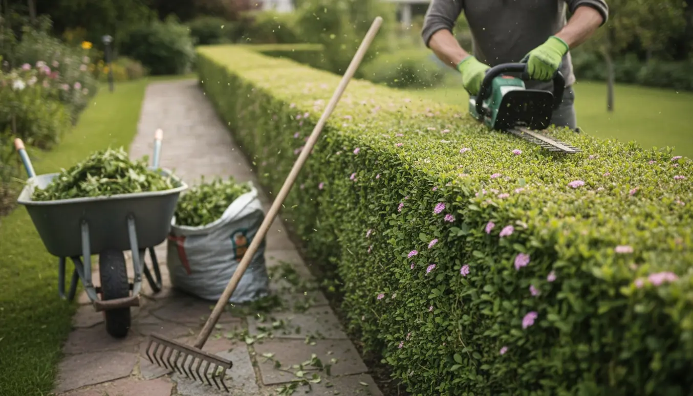 Lang spireahæk under beskæring fra jorden med handsker, hækkeklipper og opsamlede afklip i en trillebør.