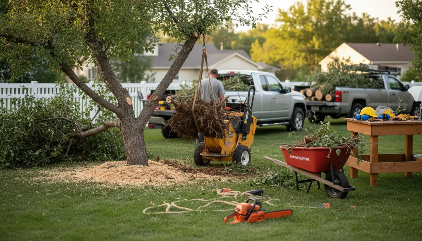 Delvist fældet æbletræ i en have med eksponeret rodsystem, sav, stubfræser og trailer klar til bortkørsel.