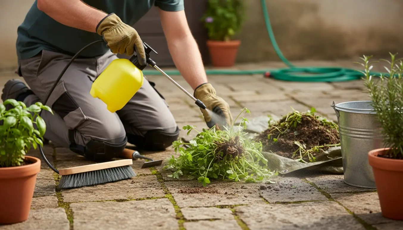 Hænder i handsker sprøjter og fjerner ukrudt mellem fliser på en solbeskinnet gårdsplads.