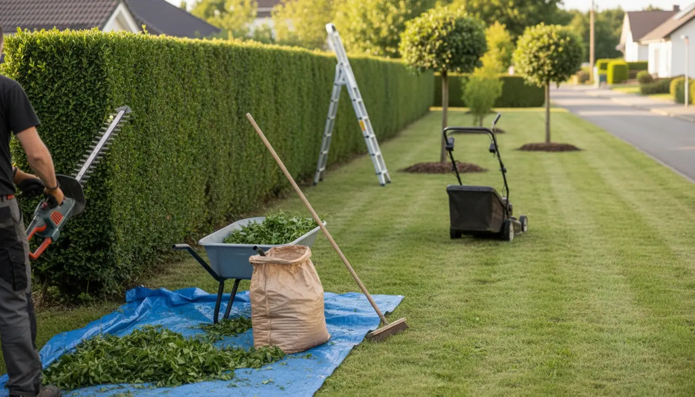Nyklippet hæk og nyslået græs med værktøj og opsamlede afklip klar til bortskaffelse.