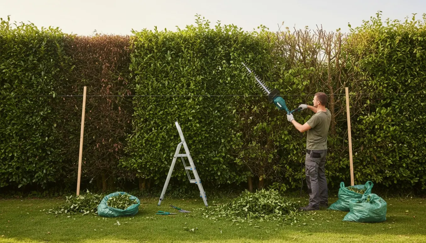 Liguster- og bøgehæk trimmes til 1,80 m, og afklip samles i affaldssække.