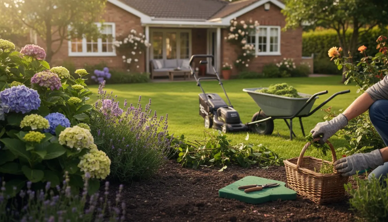 Gartner luger blomsterbede og beskærer buske i en hyggelig villahave.