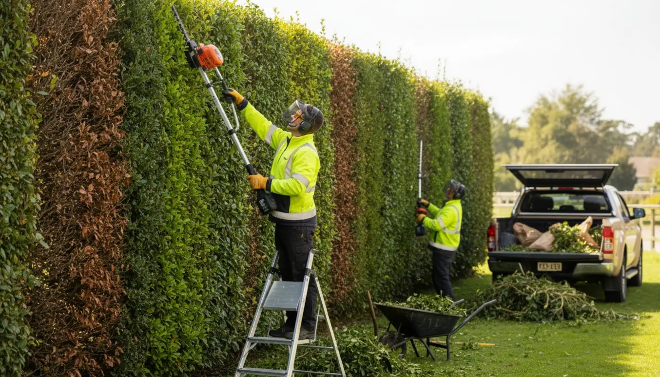Professionel hækkeklipning af en 2–4 meter høj blandet hæk med afklip læsset i en åben lastbil.