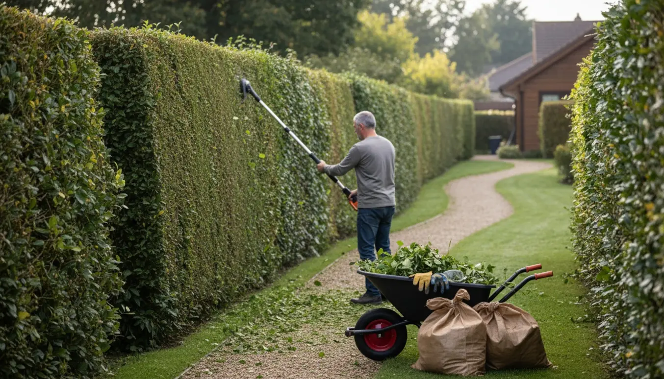 Stangklipper ved en nyligt afklippet liguster- og efeuhæk med afklip samlet i en trillebør.