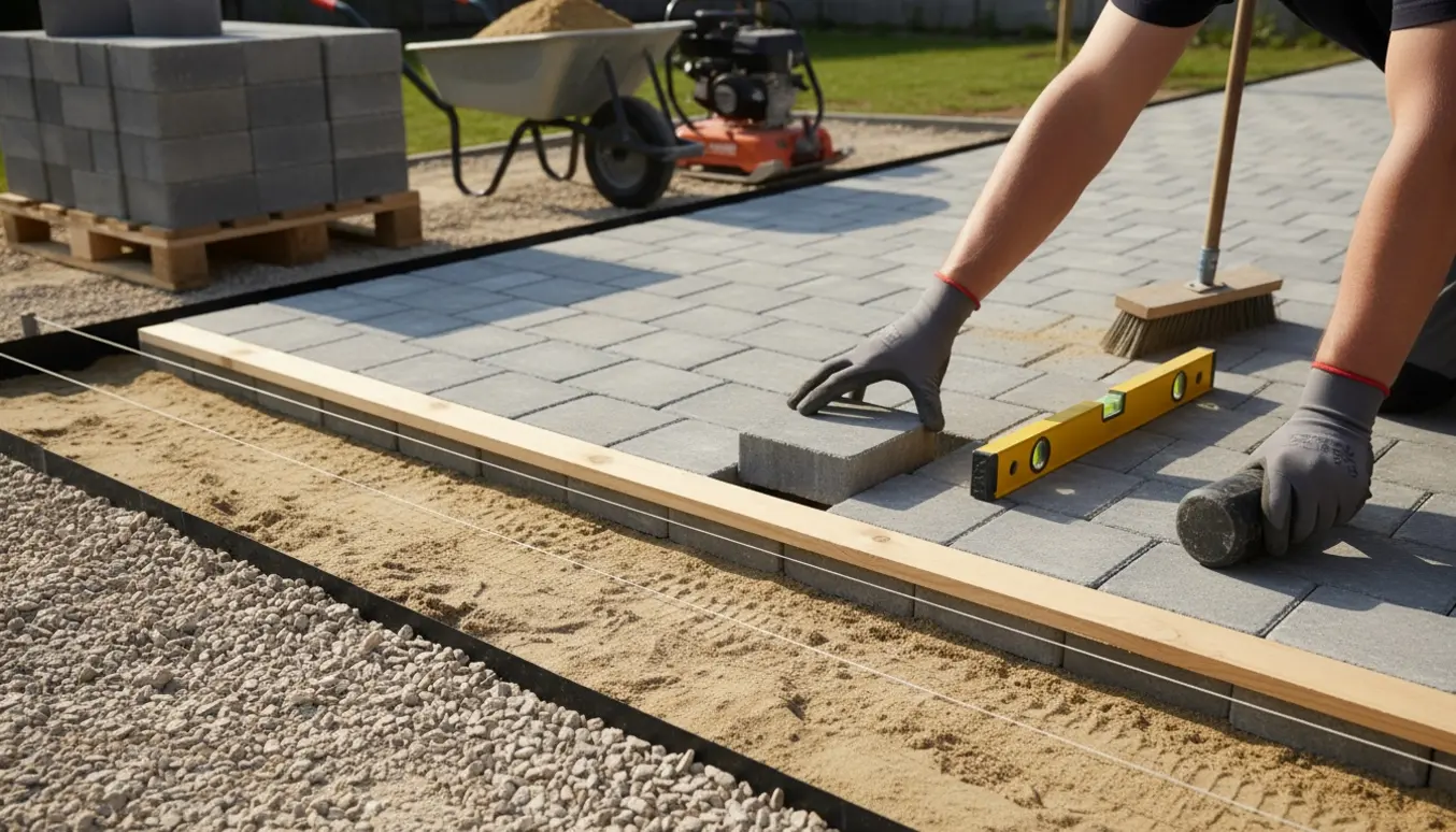 Hænder placerer have-/kørefliser på en udjævnet sand- og stabilgrusbund med værktøj og bunker af fliser ved siden af.