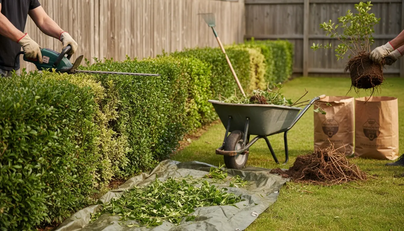 Hæk bliver klippet ned og en busk graves op med skovl, mens klippeaffald ligger i en trillebør.