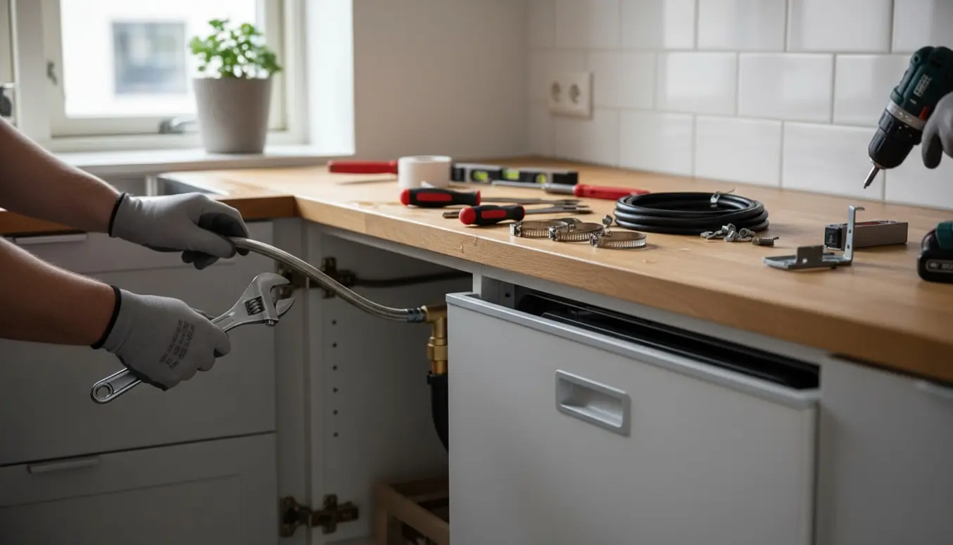 Håndværker tilslutter opvaskemaskine og monterer køkkenarmatur under en moderne køkkenvask.