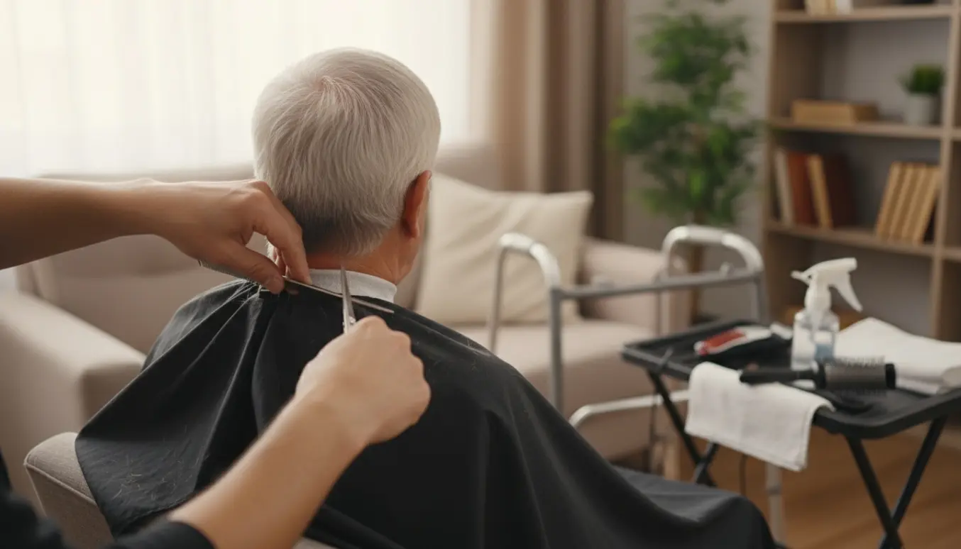 Frisør klipper bagsiden af en ældre mands hår under hjemmebesøg i en hyggelig stue.