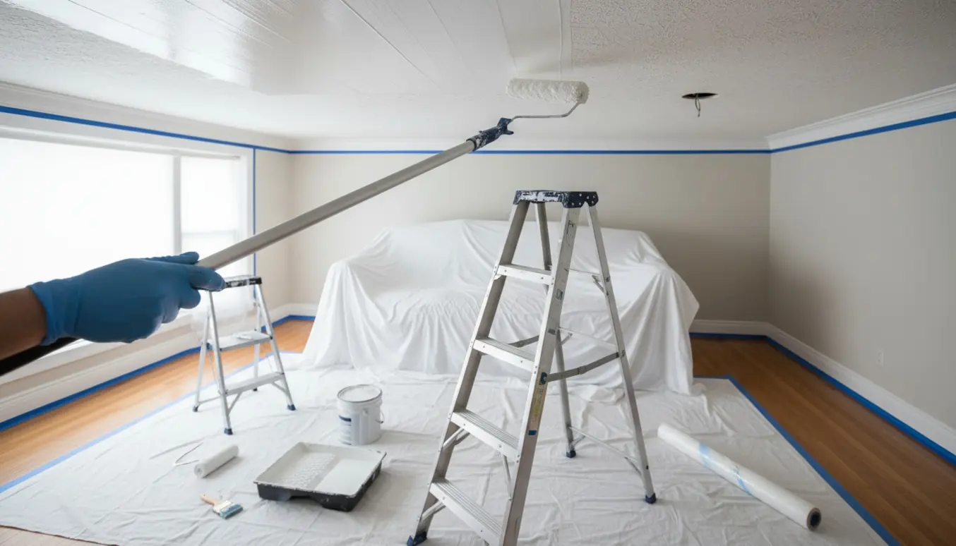 En gloved hånd maler stueloftet hvidt med en forlænget malerulle, møbler er afdækket og værktøj ligger på gulvet.