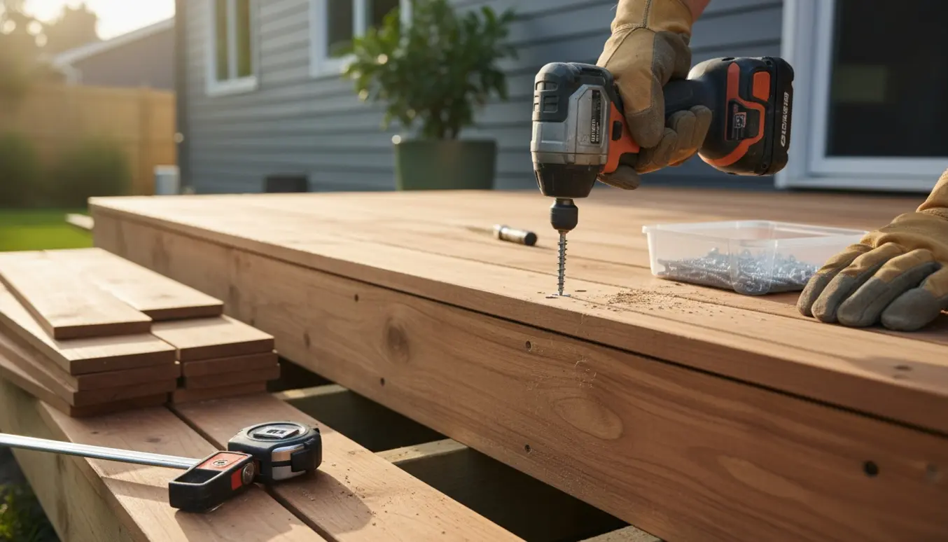 Nærbillede af hænder, der fastgør træbrædder på en terrasse med en elektrisk skruemaskine.