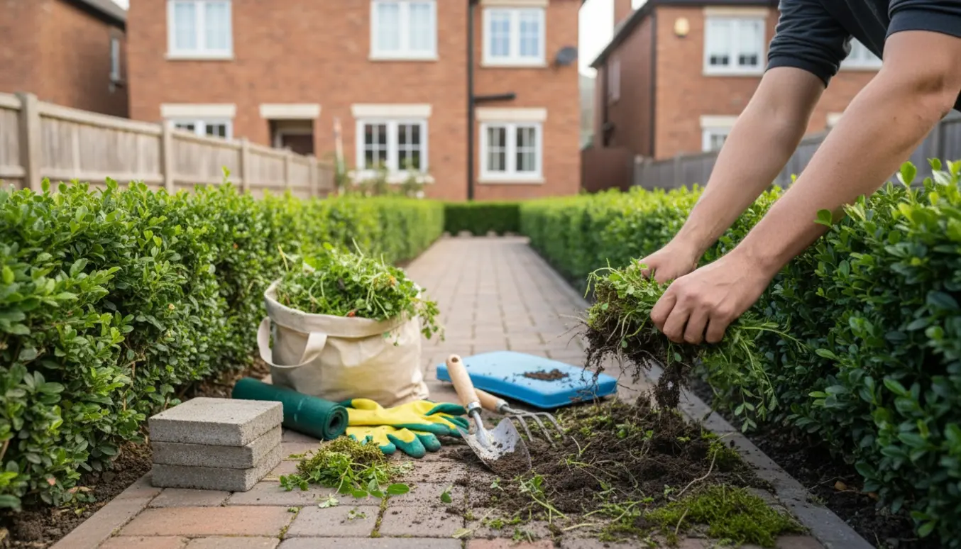 Nærbillede af hænder, der luger ukrudt under en hæk i en lille rækkehushave med haveredskaber i nærheden.