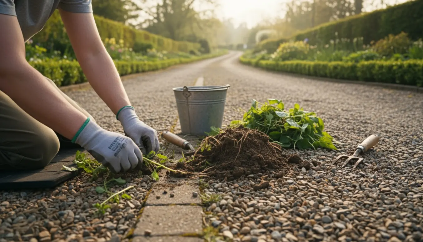 En person luger ukrudt i en lang indkørsel, trækker ukrudt op mellem fliser med handsker og spand ved siden af.