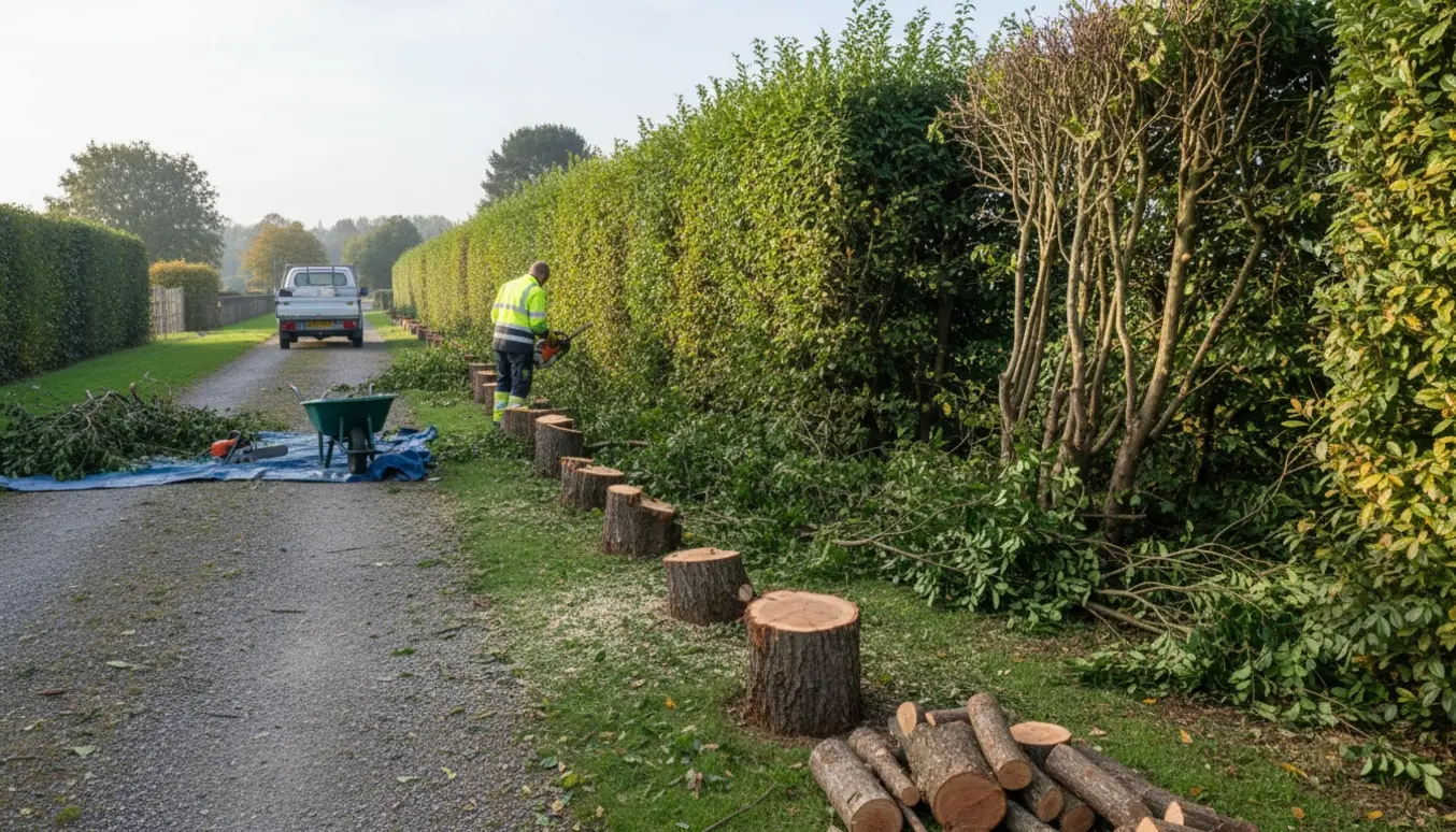 Lang ligusterhæk på to–tre meter fjernes langs en sti med bunke af afklippede grene og trailer i enden.