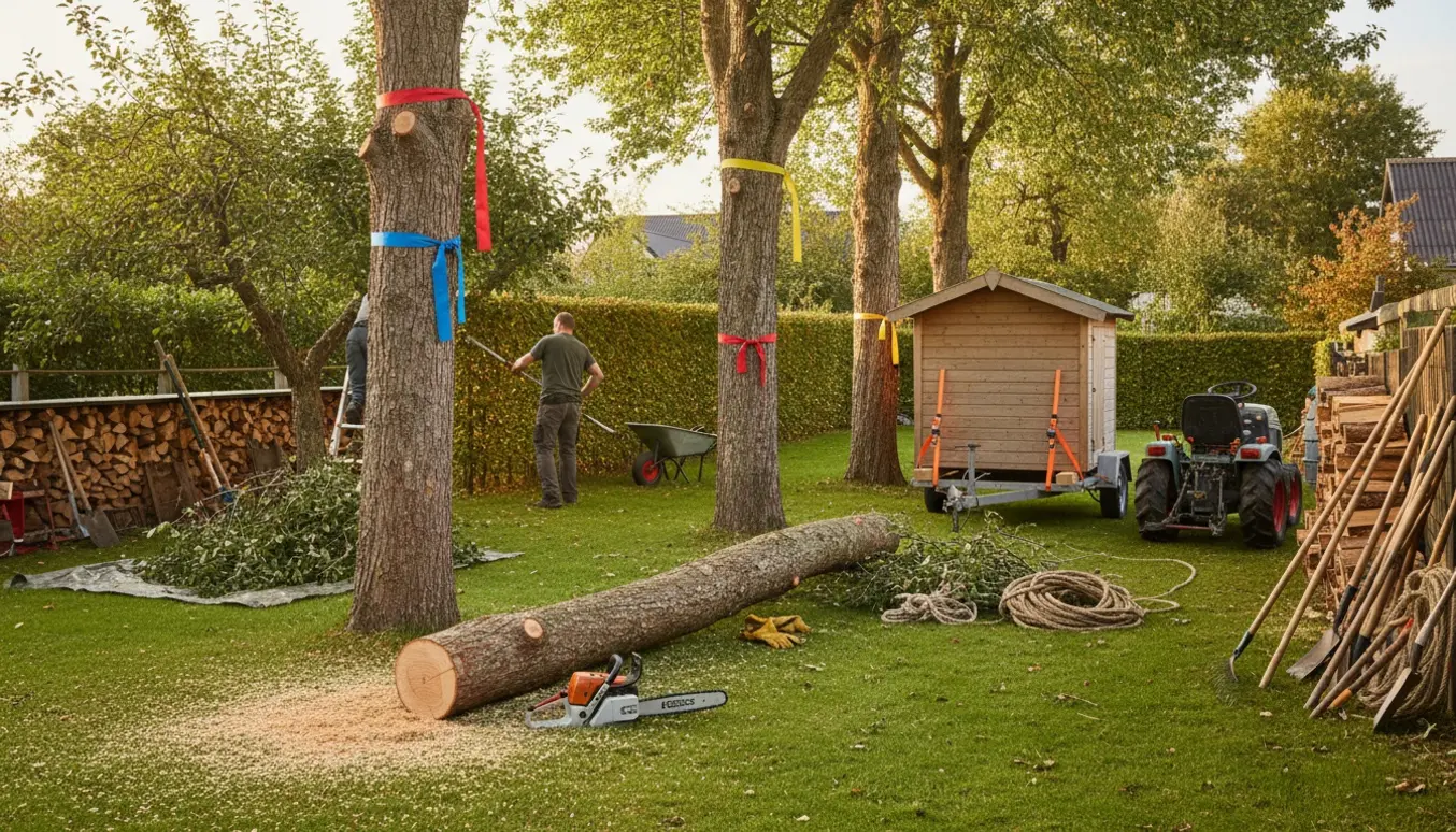 Havearbejde med markerede træer, beskæring af hæk og æbletræ samt flytning af et brændeskur.