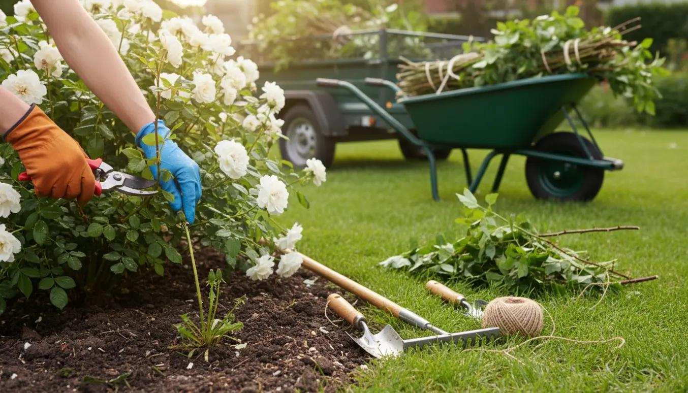 Handskenede hænder beskærer en busk, luger ukrudt og fylder en trillebør med grønt affald klar til bortkørsel.