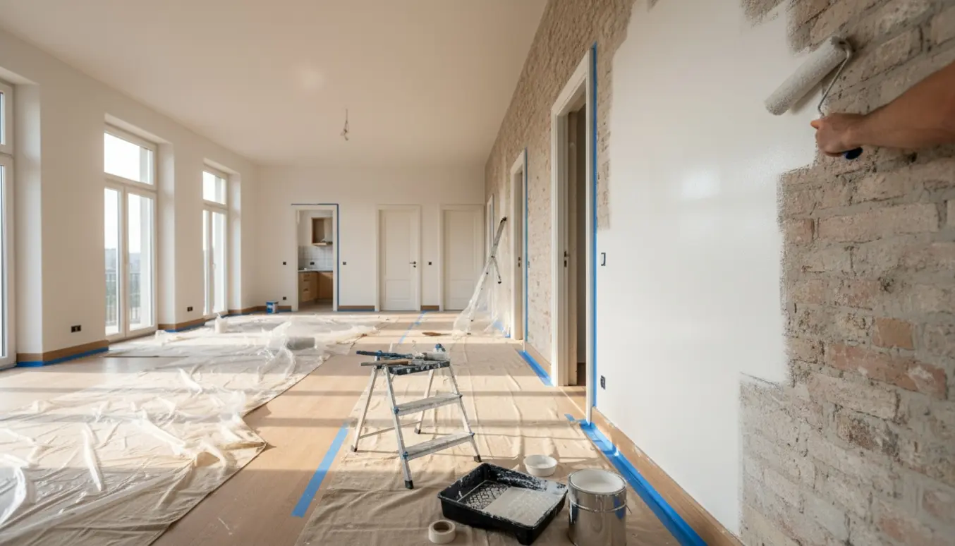 Tomt hus under indvendig maling, hvor hvid maling rulles på en rustik væg med malerudstyr og afdækning.