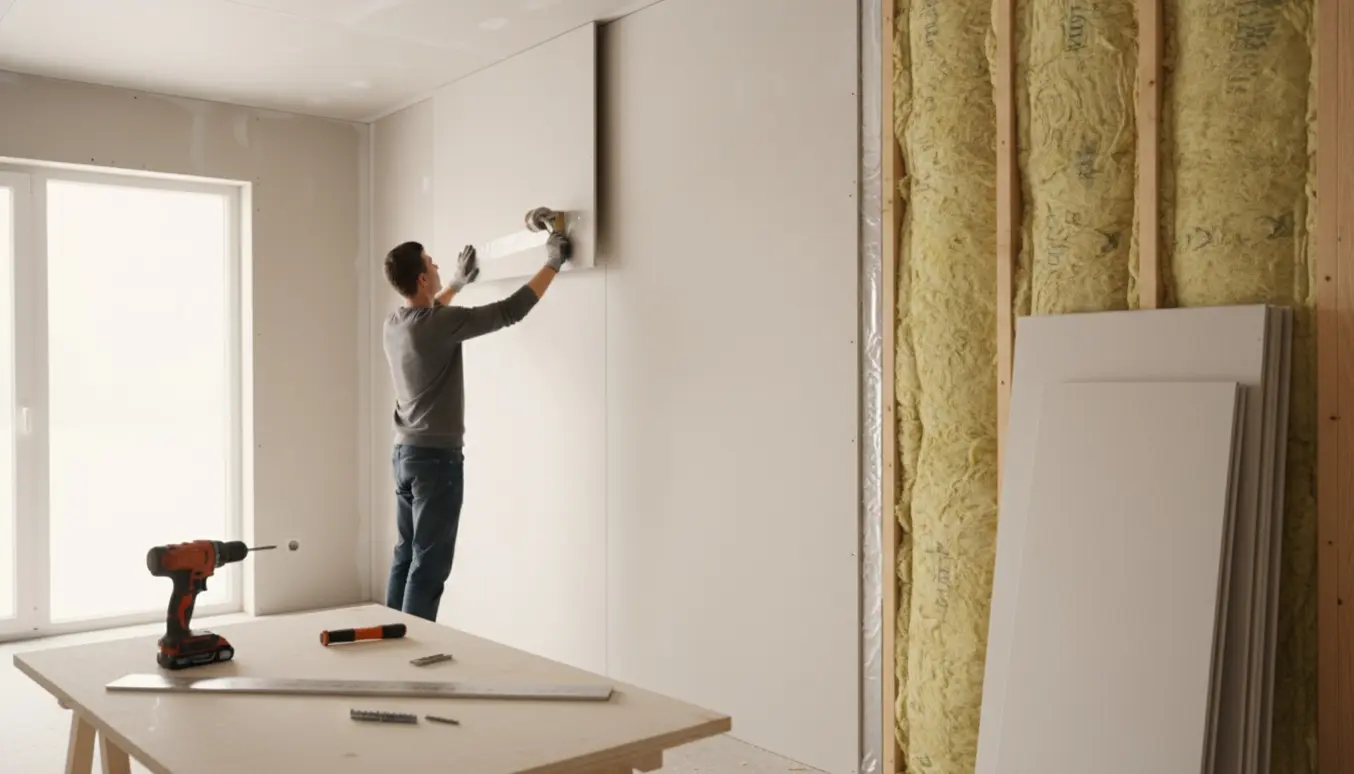 Nærbillede af opsætning af gipsvæg med synlige stendere, isolering og dampspærre, hænder monterer plade.