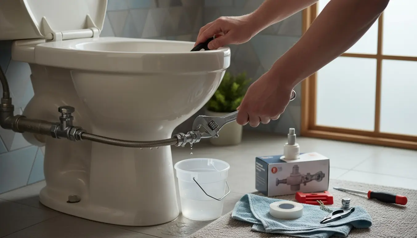 Nærbillede af hænder, der arbejder på et åbent toilettank for at tjekke stoppet vandtilførsel med værktøj og reservedele ved siden af.