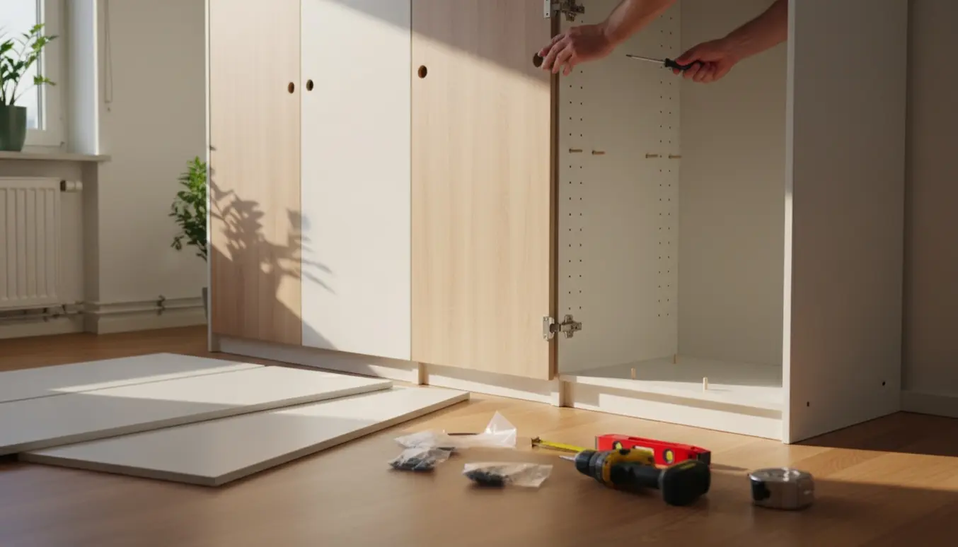 Delvist samlet fire-dørs klædeskab med synlige hylder og værktøj i et lyst skandinavisk rum.