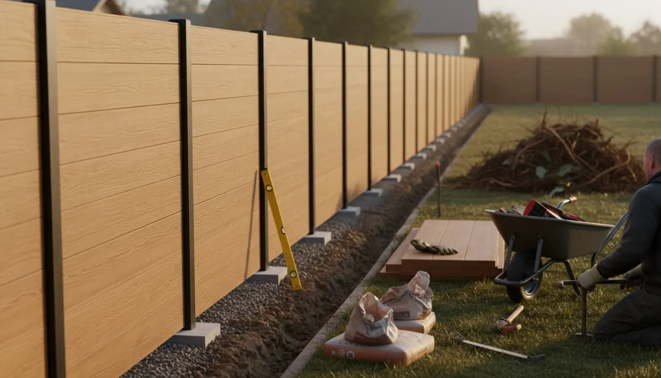 Komposithegn opsættes i en have med værktøj og opgravet hæk, ingen synlige ansigter.