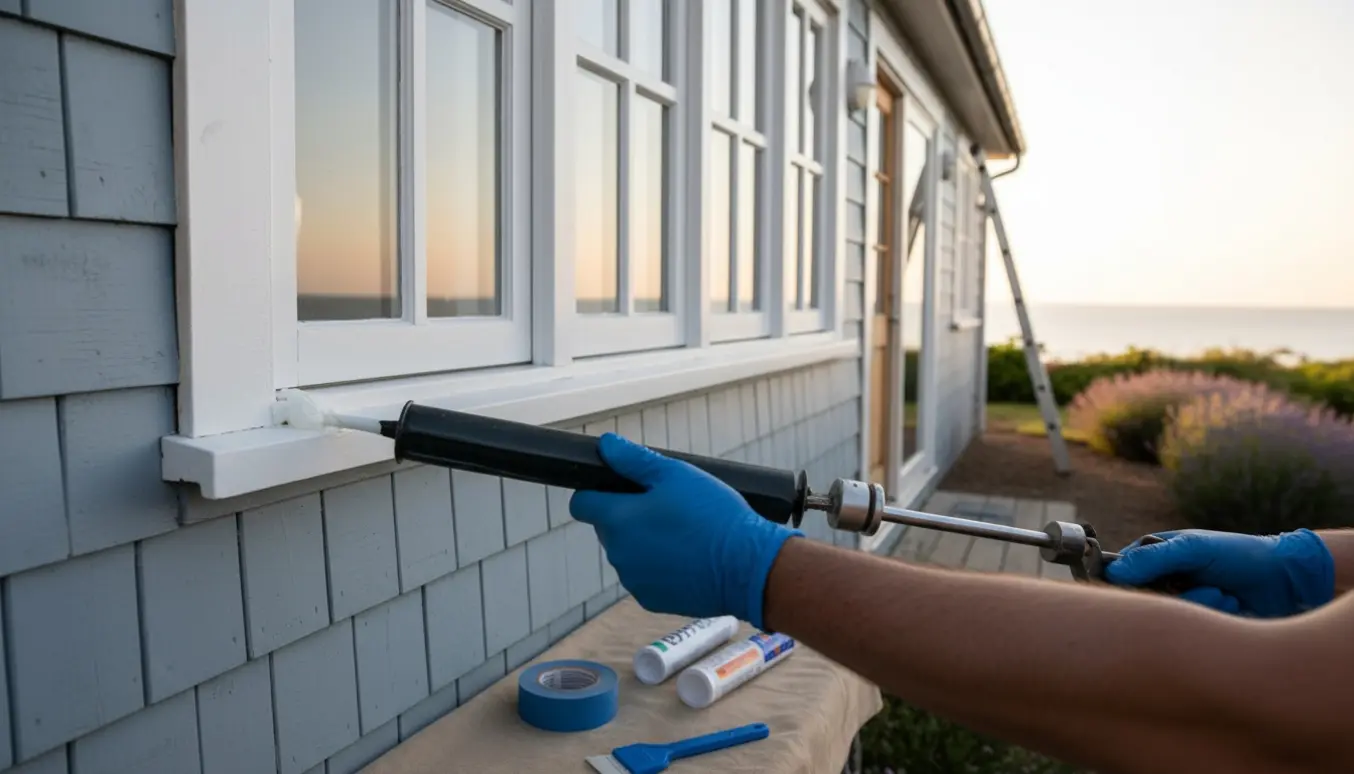 Nærbillede af udvendig fugearbejde på et étplans træsommerhus med fugepistol og hænder i handsker.
