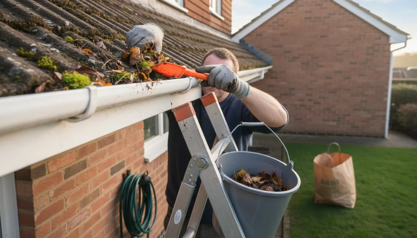En person renser tagrenden på et lille enderækkehus fra en stige, mens blade og mos samles i en spand.