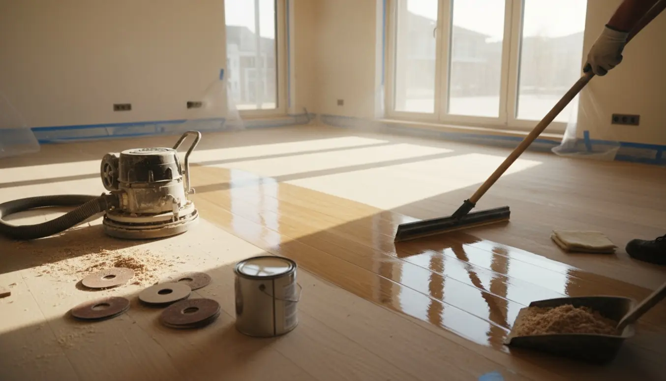 Nyslebne trægulve i et lyst hus under slibning og oliering med slibemaskine og pensel.