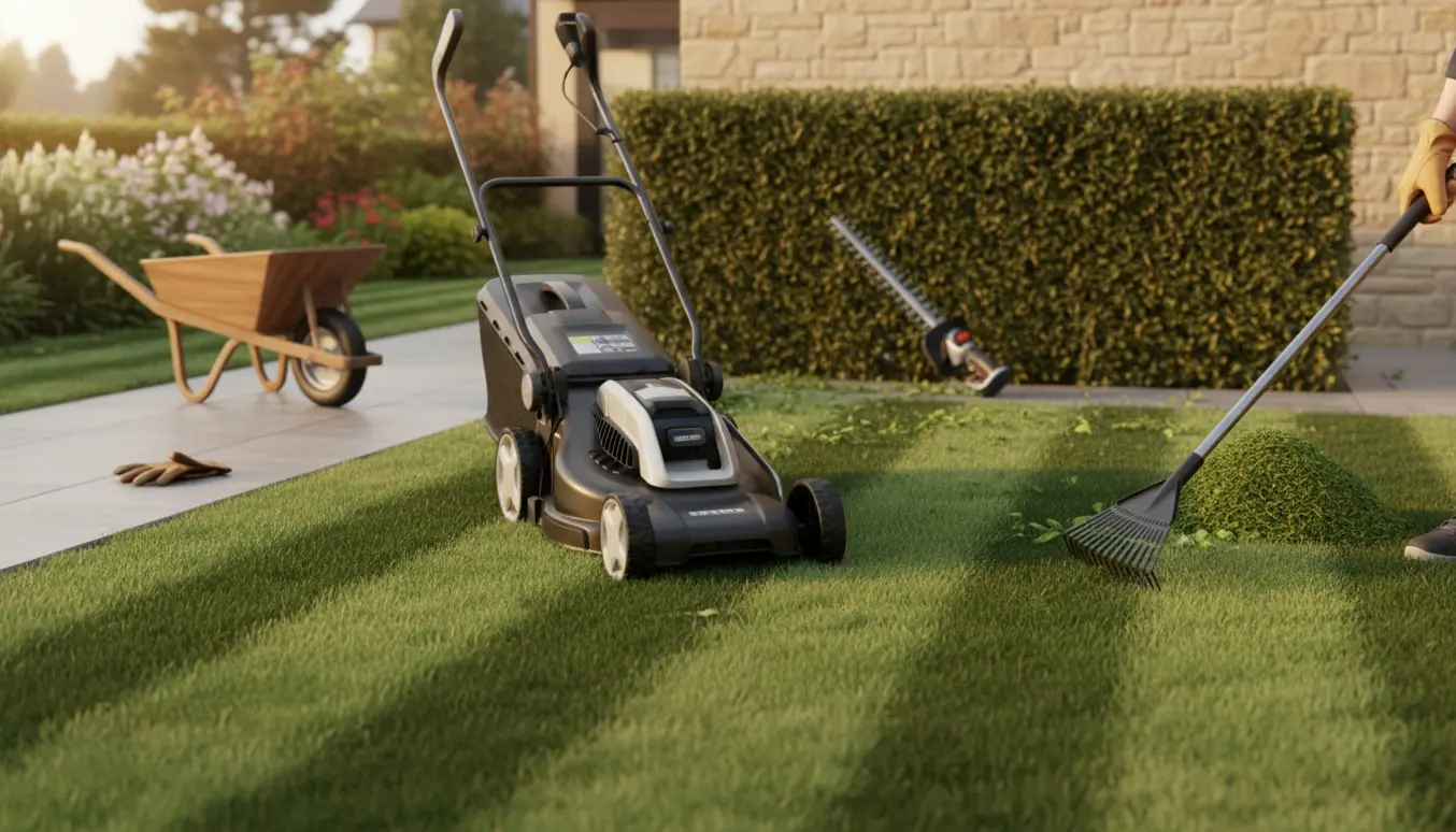 Nyslået græs med tydelige striber og en nyklippet hæk med haveredskaber i forgrunden.