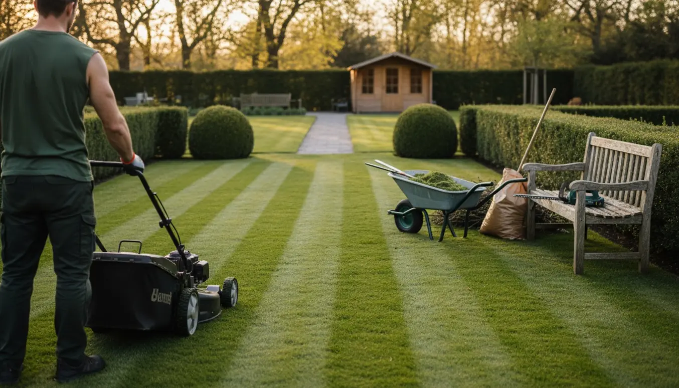 Græsslåning og hækbeskæring i en stor solbeskinnet have med trillebør og redskaber.