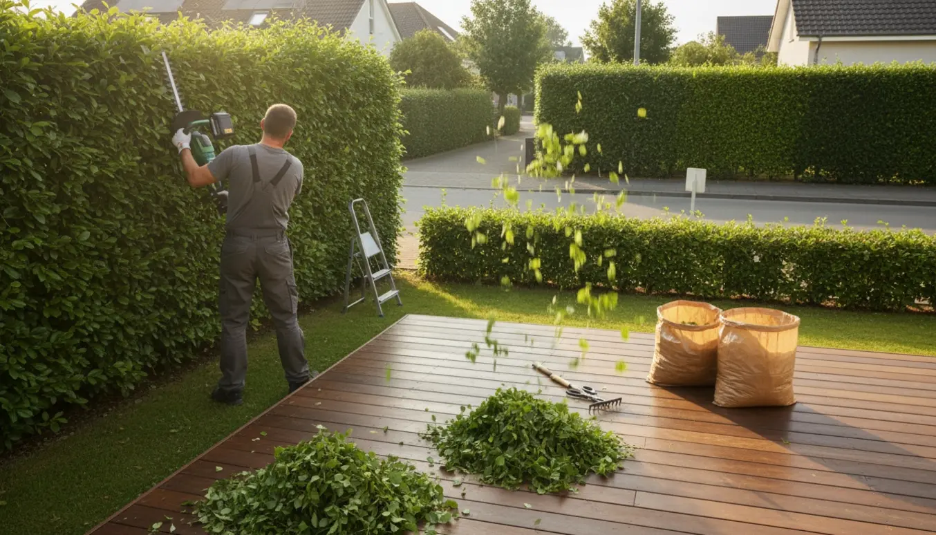 Person trimmer bøgehæk ved en terrasse med en batteridrevet hækklipper, stige og poser til afklip.