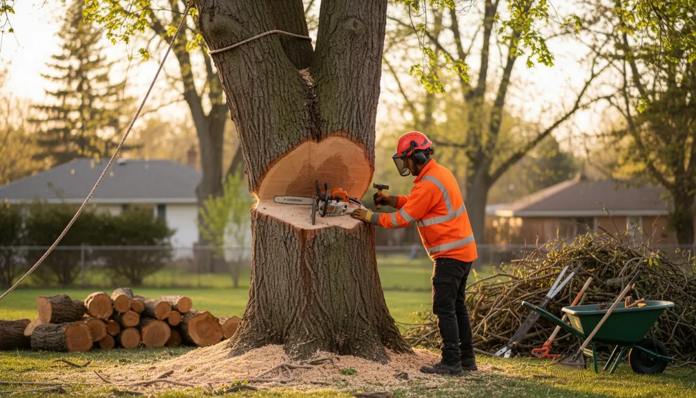 En arbejder i sikkerhedsudstyr fælder et træ i en baghave med savflis, stammer og oprydningsudstyr.