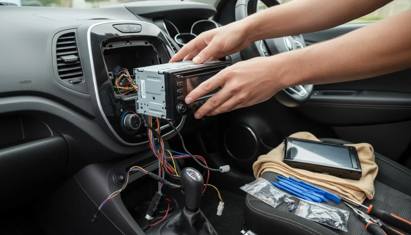 Nærbillede af hænder, der udskifter bilradio i en Renault Captur med løse ledninger og værktøj på instrumentbrættet.