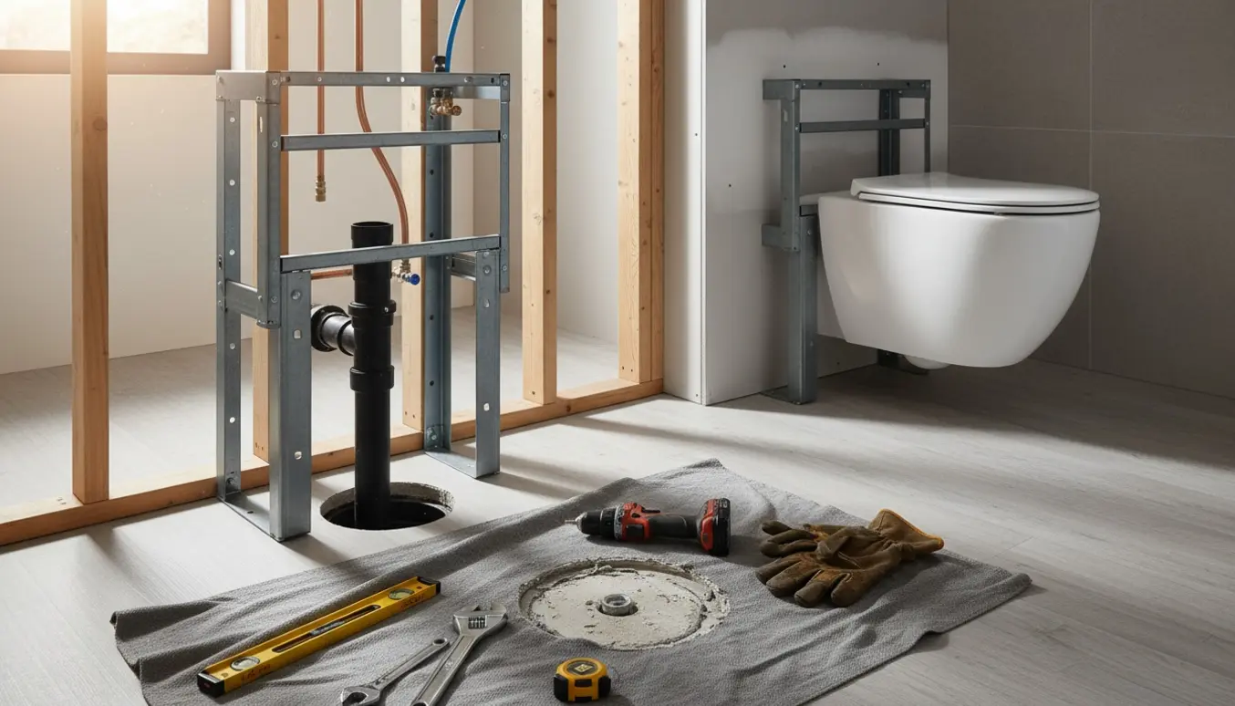 Ophængt vægtoilet monteres med indbygget ramme, værktøj og et færdigmonteret hævet toilet over vinylgulv.