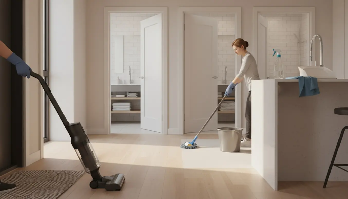 Professionel rengøring i et lyst hjem med støvsugning i entré og gulvvask i køkkenet, badeværelsesdøre i baggrunden.