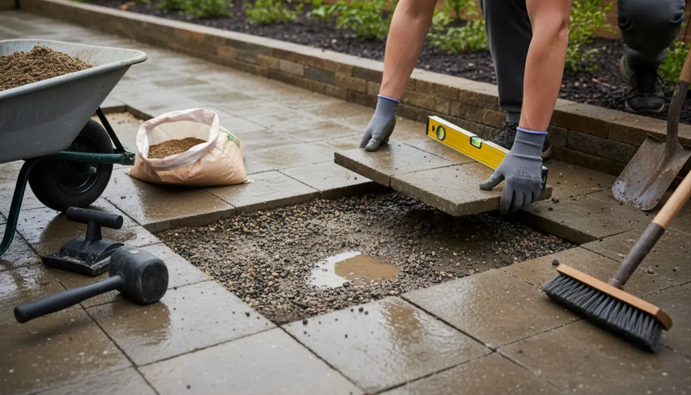 Vådt terrasseområde med underminerede fliser, synligt udhulet underlag og handsker og værktøj klar til reparation.