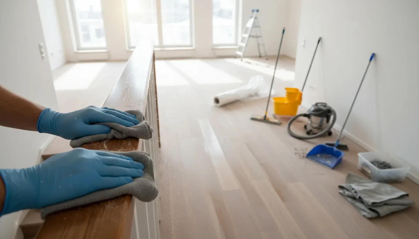 Hænder tørrer gelænder i en nyrenoveret toplanslejlighed under grundig oprydning efter byggeri.