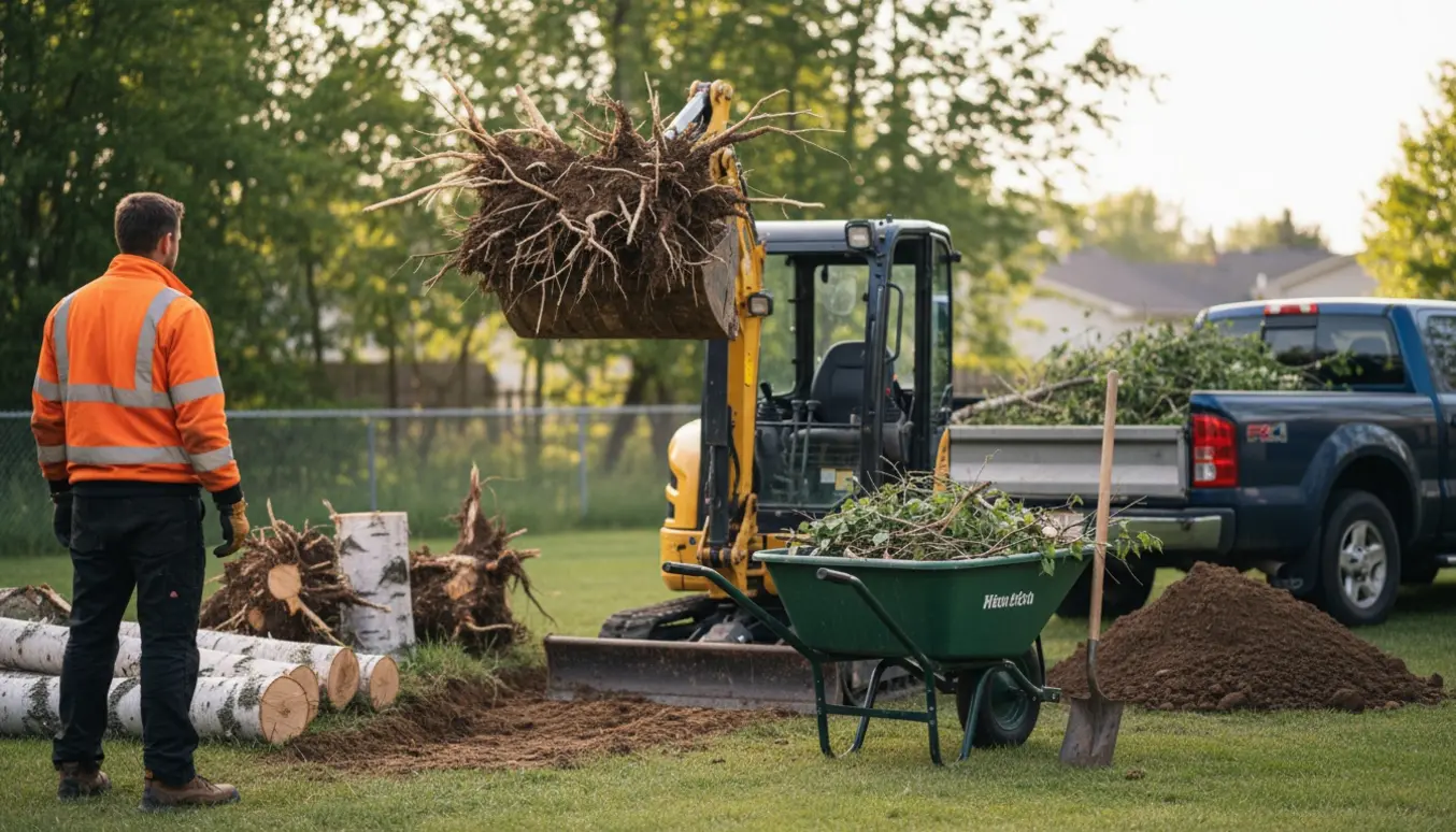 Minigraver og motorbør i en have, hvor små birketræer er fældet og rødder graves op klar til afhentning.
