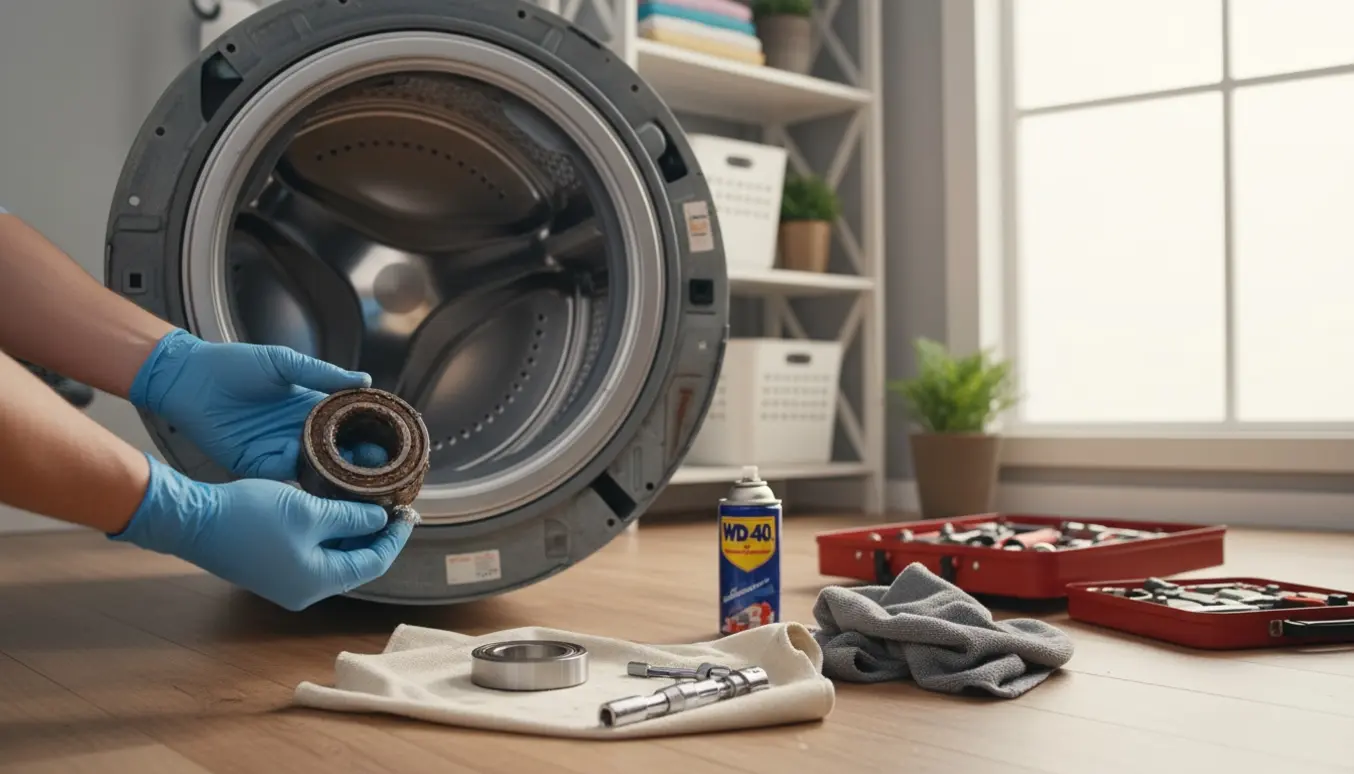 Åben vaskemaskine med synlige slidte og nye lejer og værktøj til reparation i et lyst vaskerum.