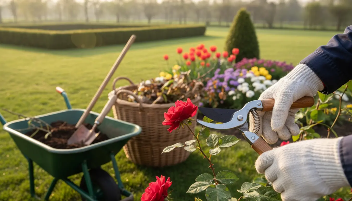 Nærbillede af en gartner, der beskærer roser med haveredskaber og et velplejet bed i baggrunden.