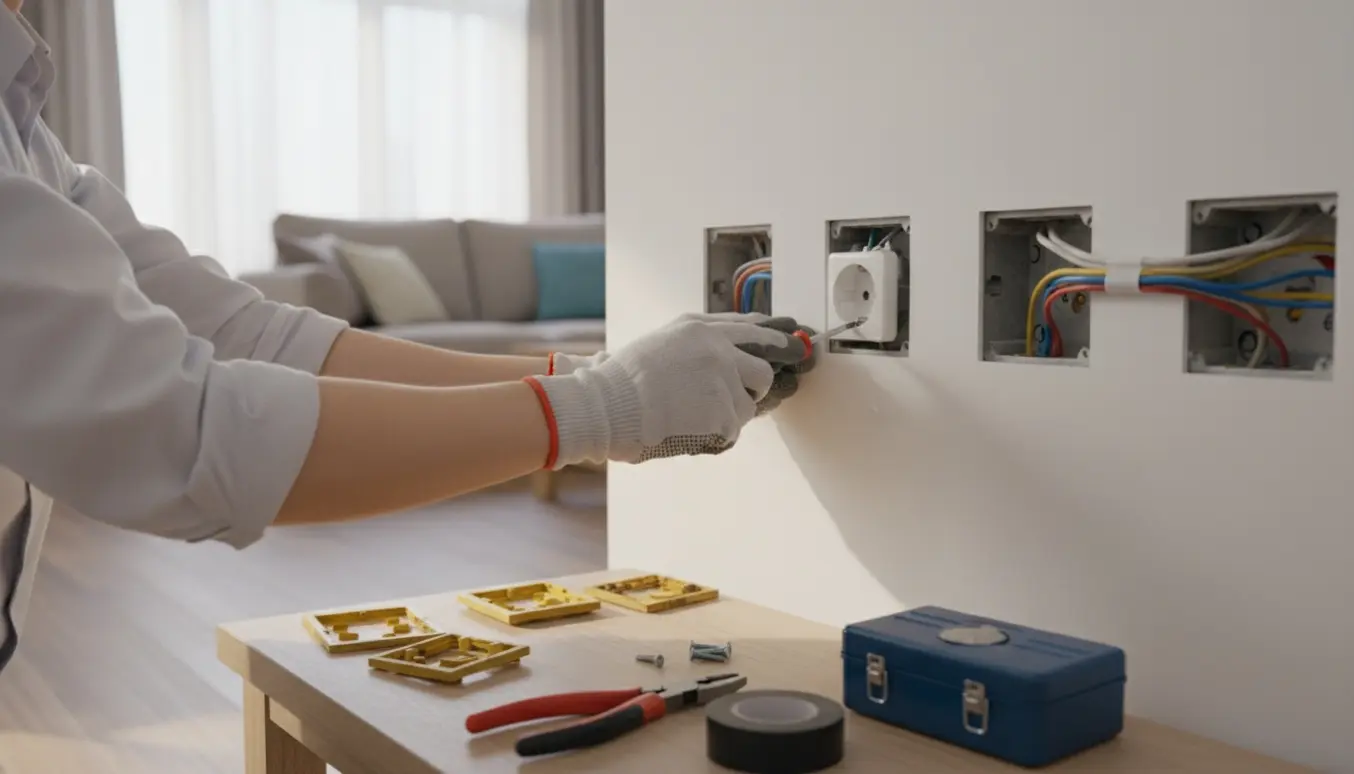 Hænder udskifter fire gamle kontakter til nye med værktøj og åbne ledninger til to andre kontakter i en lys stue.
